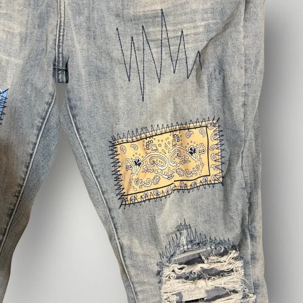 Serenede Jeans Men 40 Blue Bandana Patchwork Distressed Skinny Denim Pants NWT